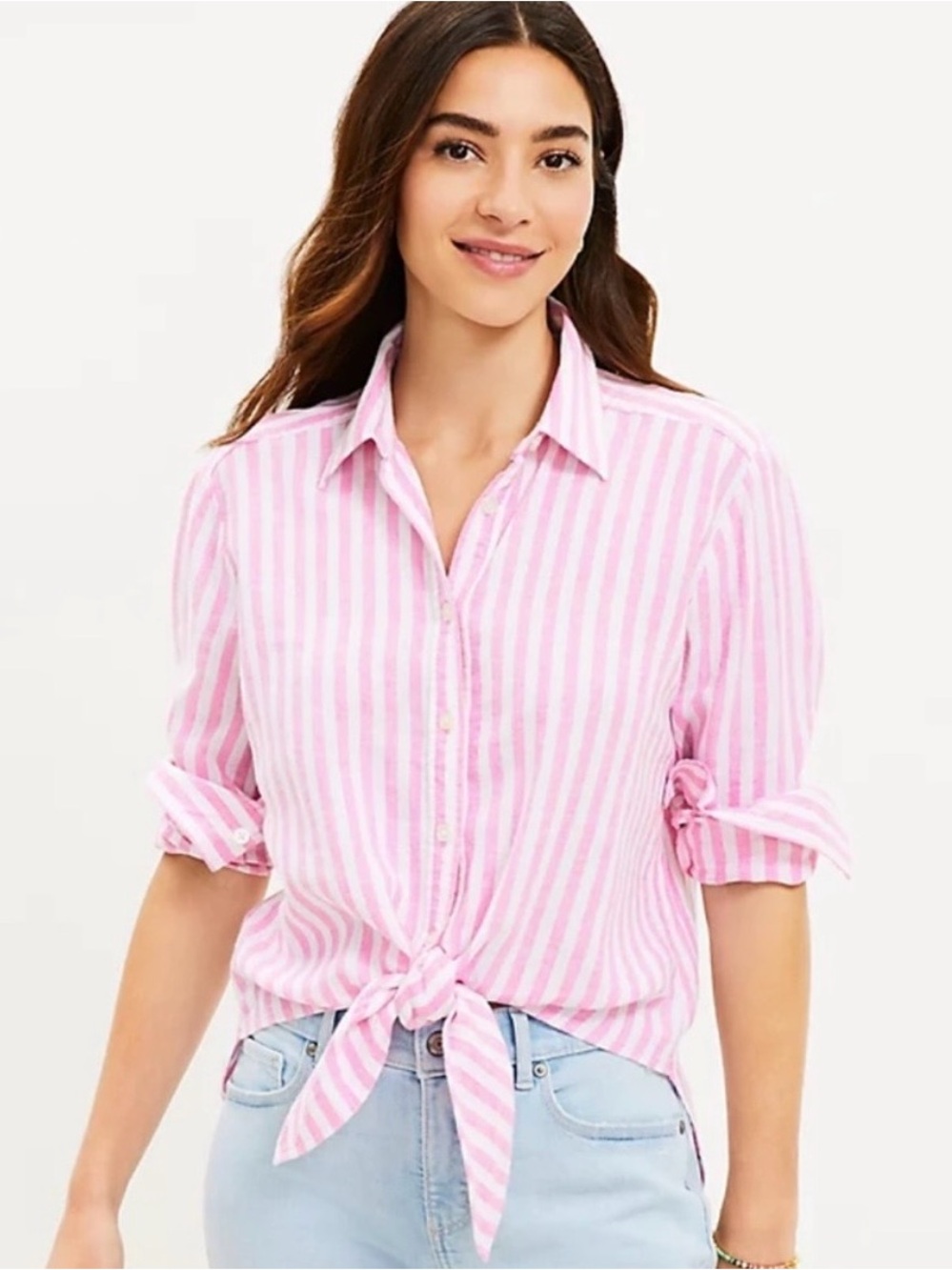 LOFT Linen Blend Tie Front Striped Button Up Sz S